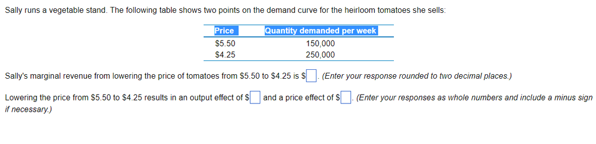 Sally runs a vegetable stand. The following table shows two points on the demand curve for the heirloom tomatoes she sells:
Quantity demanded per week
Price
$5.50
$4.25
150,000
250,000
Sally's marginal revenue from lowering the price of tomatoes from $5.50 to $4.25 is $
(Enter your response rounded to two decimal places.)
Lowering the price from $5.50 to $4.25 results in an output effect of $ and a price effect of $. (Enter your responses as whole numbers and include a minus sign
if necessary.)