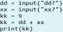 input("dd?")
input ("xx?")
dd
XX
kk =
kk
dd + xX
%3D
print(kk)

