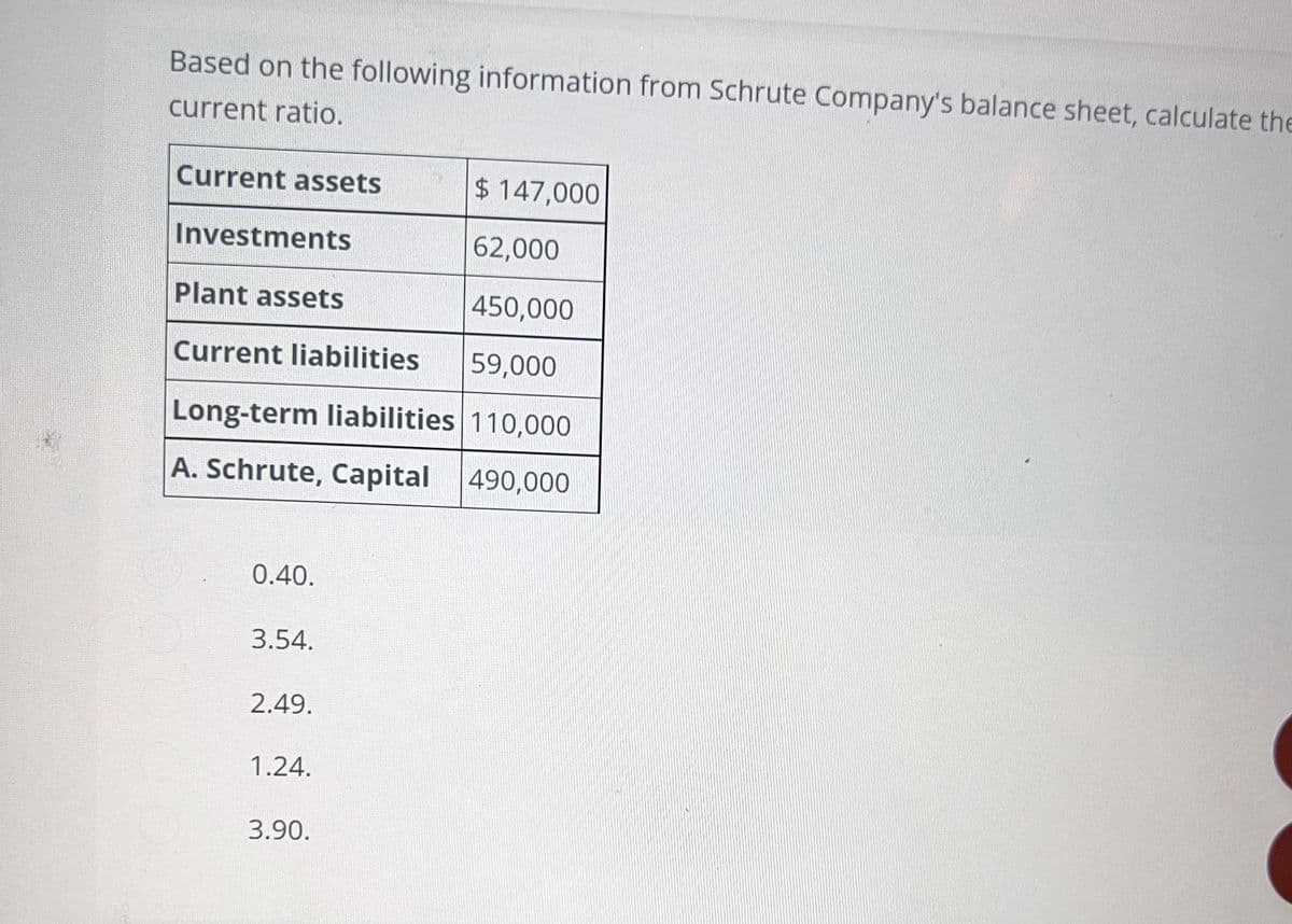 Based on the following information from Schrute Company's balance sheet, calculate the
current ratio.
Current assets
$ 147,000
62,000
Plant assets
450,000
Current liabilities
59,000
Long-term liabilities 110,000
A. Schrute, Capital 490,000
Investments
0.40.
3.54.
2.49.
1.24.
3.90.
